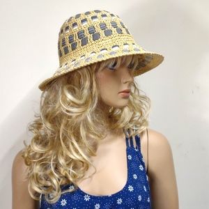 Women's Accessories tan with navy blue and white ribbon weaved in round sunhat